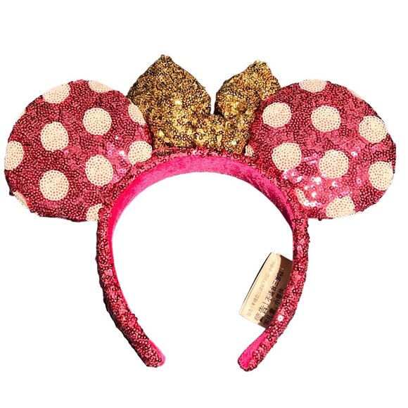 Disney Minnie Mouse Pink Sequin Ears Headband With Gold Bow - Picture 1 of 3